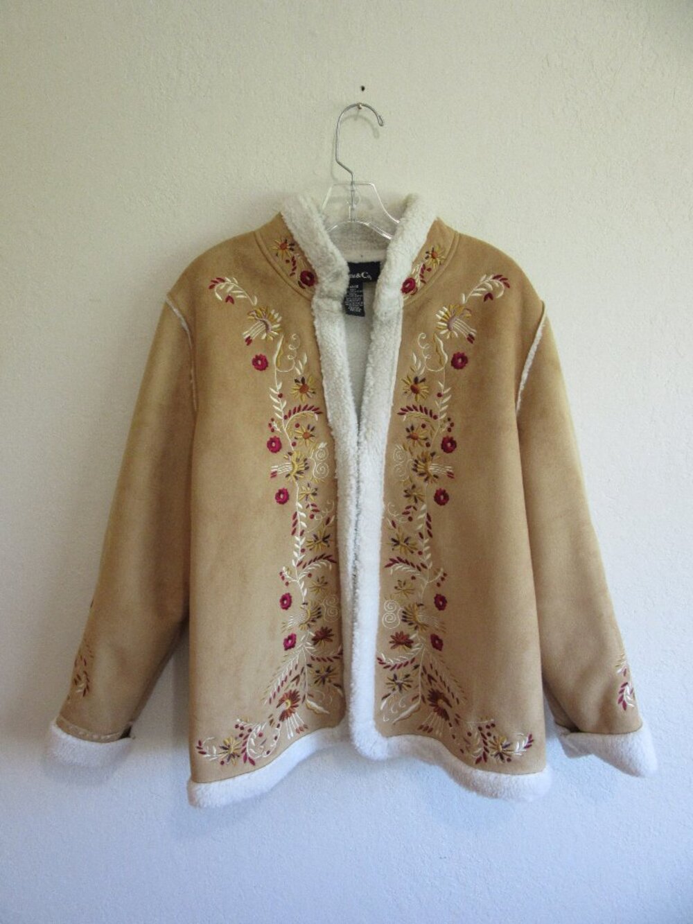 Denim & Co Mustard Yellow Faux Suede L Fleece Lined Embroidered Floral Jacket